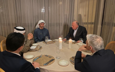 (From right) Foreign Minister Yair Lapid, Egypt's Foreign Minister Sameh Shoukry, United Arab Emirates' Foreign Minister Sheikh Abdullah bin Zayed. Bahrain's Foreign Minister Abdullatif bin Rashid al-Zayani, and Morocco's Foreign Minister Nasser Bourita, sit down for dinner at Kedma Isrotel in Sde Boker, March 27, 2022 (Egypt MFA)