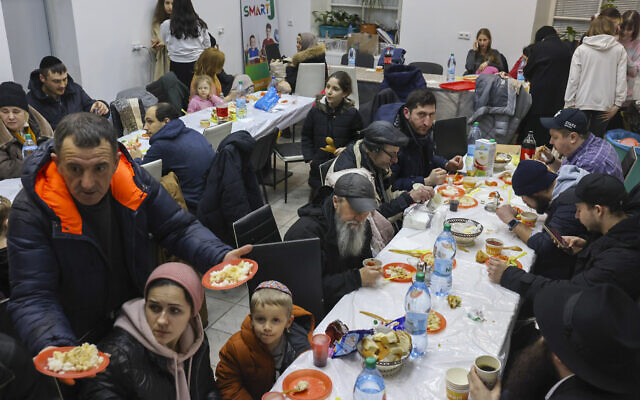 Illustrative: Jewish Ukrainian refugees are sheltered and accommodated in a Chabad shelter run in Kishinev, Moldova, March 2, 2022. (Nati Shohat/Flash90)