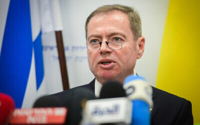 Ukraine's ambassador to Israel, Yevgen Korniychuk, gives a statement to the media on the ongoing war between Russia and Ukraine, in Tel Aviv, on March 11, 2022. (Avshalom Sassoni‎‏/Flash90)