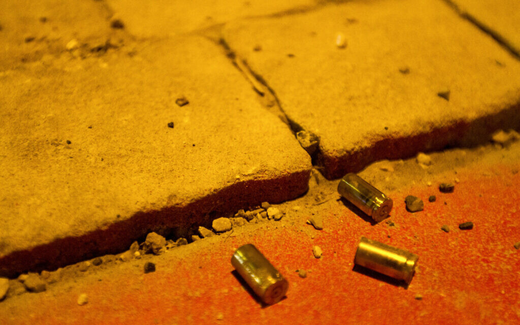 Shell casings seen at the scene of a shooting attack in Hadera, March 27, 2022. (Flash90)