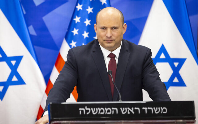 Prime Minister Naftali Bennett during a joint press conference with US Secretary of State Antony at the Prime Minister's office in Jerusalem, March 27, 2022. (Olivier Fitoussi/Flash90)