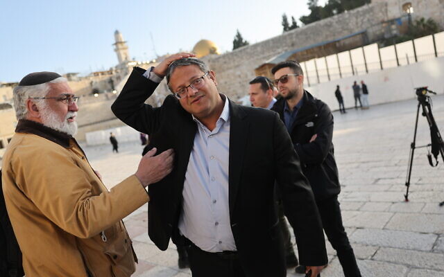 Far-right MK Itamar Ben Gvir at the Western Wall before entering the Temple Mount compound in Jerusalem's Old City on March 31, 2022. (Yonatan Sindel/FLASH90)