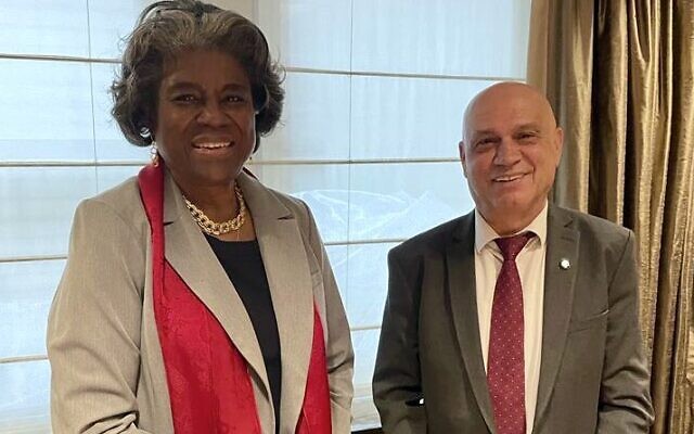 Regional Cooperation Minister Issawi Frej meets with US Ambassador to the UN Linda Thomas-Greenfield in New York on March 30, 2022. (US Mission to the UN)