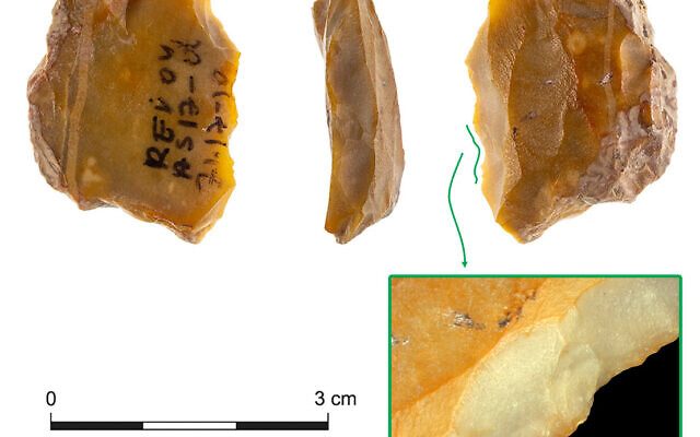 Recycled patinated flint tool from Revadim. The yellow-orange areas are the old patinated surfaces of the item, while the new minimal modifications created a new edge that expose the fresh color of the flint. In the case of this items one can see that the morphology, surfaces, and colors of the original item are almost fully preserved, while the recycled modification is minimal and specific. (Tel Aviv University)