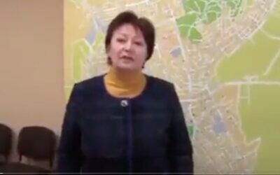 Screen capture from video showing Galina Danilchenko, a former city council member in the Ukrainian city of Melitopol who Russia installed as its mayor after reportedly arresting the elected council leader, March 12, 2022. (Twitter)