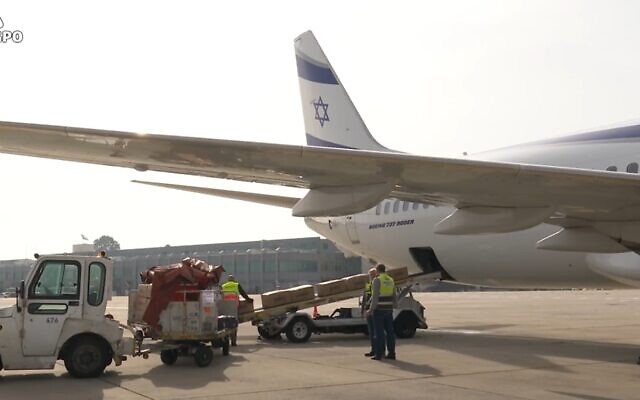 An El Al plane is loaded up with humanitarian aid for Ukraine on March 1, 2022. (GPO screenshot)