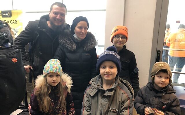 The Gershman family at Iasi Airport in Romania, March 3, 2022 (Times of Israel)
