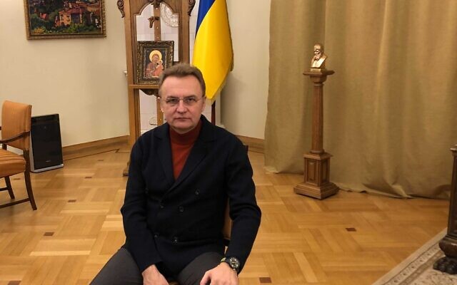 Lviv Mayor Andriy Sadovyi in his office on March 2, 2022. (Lazar Berman/Times of Israel)