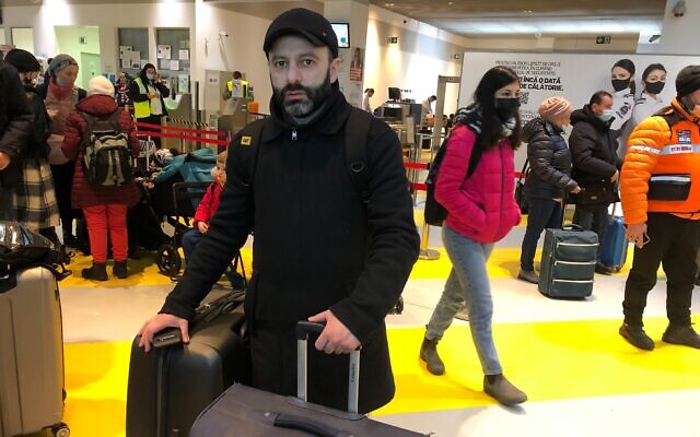 Eliezer Stefansky at Iasi Airport in Romania, March 3, 2022 (Times of Israel)