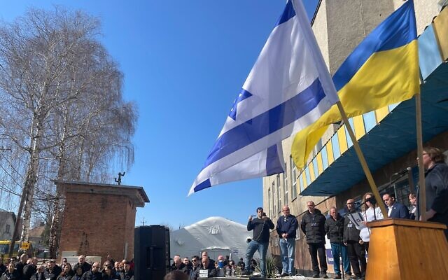 A ceremony to open an Israeli field hospital in Mostyska, Ukraine, March 22, 2022 (Carrie Keller-Lynn/Times of Israel)