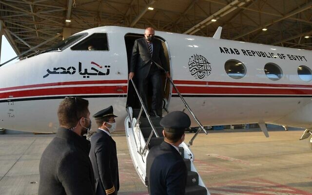 Egyptian Foreign Minister Sameh Shoukry arrives at Nevatim Air Base in southern Israel for the Negev Summit on March 27, 2022. (Rafi Ben Hakoun/GPO)