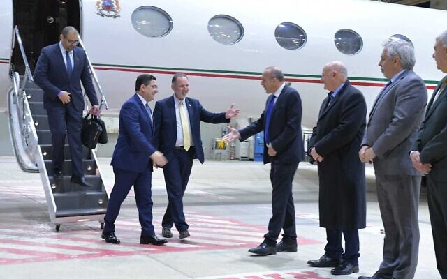 Moroccan Foreign Minister Nasser Bourita arrives at Nevatim Air Base in southern Israel for the Negev Summit on March 27, 2022. (Rafi Ben Hakoun/GPO)