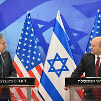 Prime Minister Naftali Bennett (right) with US Secretary of State Anthony Blinken at the Prime Minister's Office in Jerusalem on March 27, 2021. (Kobi Gideon/GPO)