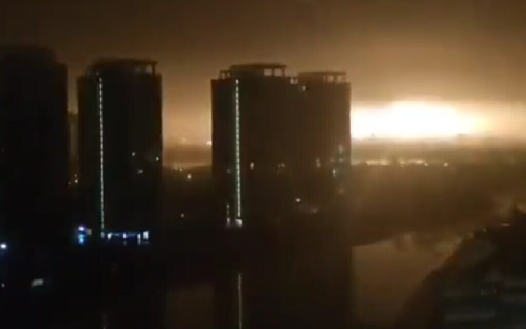 An explosion seen near Kyiv on March 3, 2022. (screen capture: Twitter)