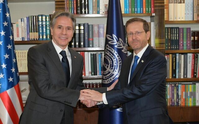 President Isaac Herzog (R) meets with US Secretary of State Antony Blinken