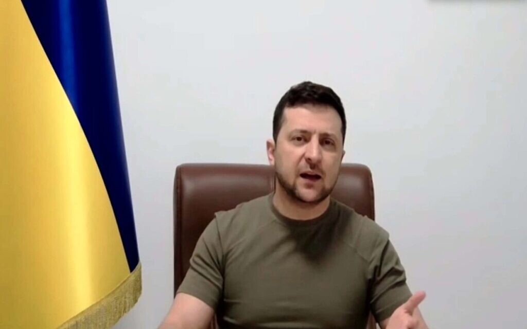 Ukrainian President Volodymyr Zelensky speaking at a virtual meeting of the Conference of Presidents of Major American Jewish Organizations on March 7, 2022. (Screen capture via JTA)