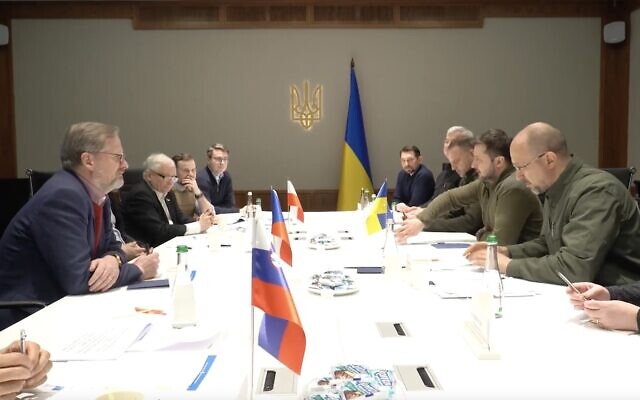 Ukrainian President Volodymyr Zelensky and Prime Minister Denys Shmyhal meet with the premiers of Poland, Slovenia and the Czech Republic in Kyiv, on March 15, 2022, amid Russia's invasion of Ukraine. (Screen capture: Facebook)