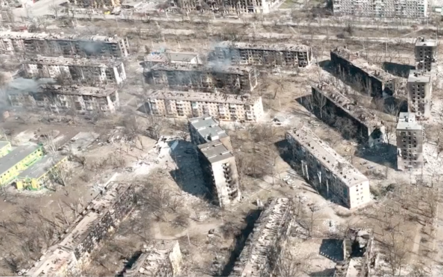 A screenshot from unconfirmed video said to show the destruction in Mariupol caused by the Russian siege and bombardment of the southern Ukrainian city, March 2022. (Twitter)