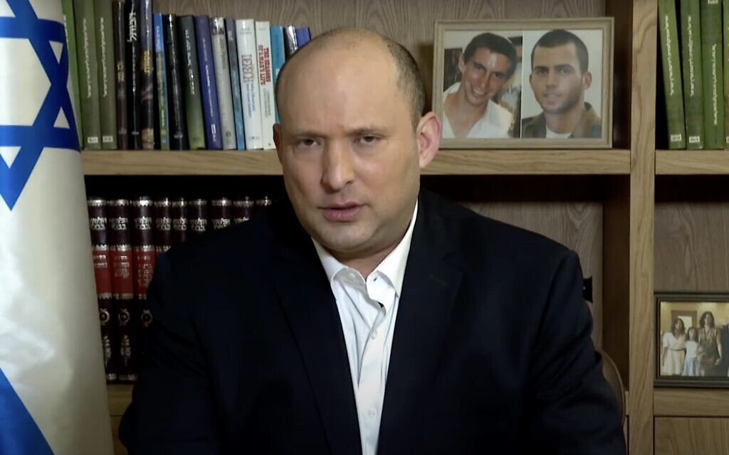 Prime Minister Naftali Bennett speaks in a video statement released on March 30, 2022. (Screen capture / YouTube)