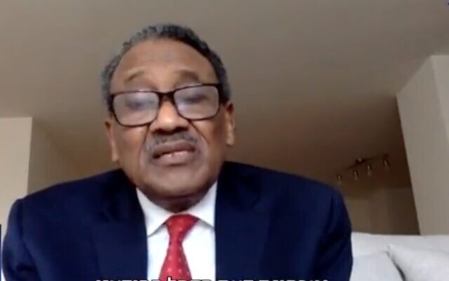 Screen capture from video of ousted Sudanese ambassador to the United States, Noureddine Sati, during an interview with the Kan public broadcaster, March 13, 2022. (Twitter)