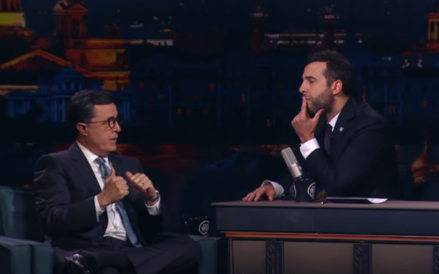 Russia's last-night show talk show host Ivan Urgant hosts American TV host Stephen Colbert in 2017. (Screen grab/YouTube)