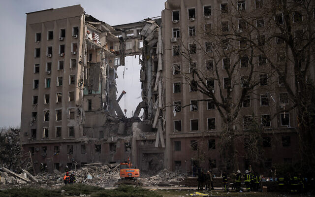 The regional government headquarters of Mykolaiv, Ukraine, following a Russian attack, March 29, 2022. (AP Photo/Petros Giannakouris)