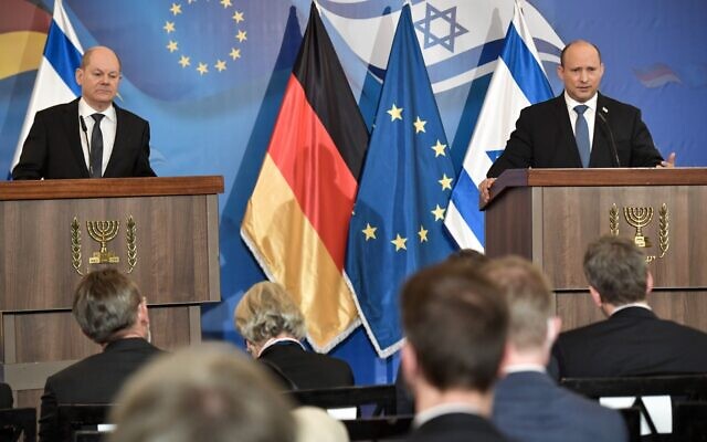 Prime Minister Naftali Bennett holds a joint press conference with German Chancellor Olaf Scholz, on March 2, 2022, in Jerusalem (Government Press Office)