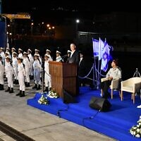 Defense Minister Benny Gantz speaks during a graduation ceremony for Israeli Navy officers at the Haifa naval base, March 2, 2022. (Ariel Hermoni/Defense Ministry)