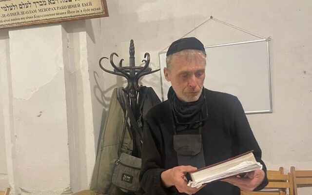 Michael, a Turei Zahav community member, before the Purim holiday megila reading in Lviv, Ukraine, March 16, 2022. (Carrie Keller-Lynn/The Times of Israel)