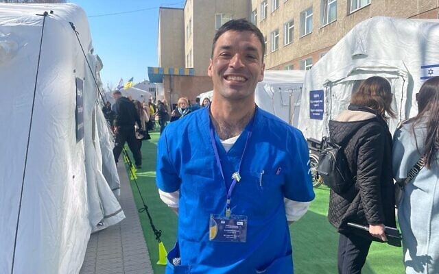 Dr. Adam Lee Goldstein, Head of Trauma Surgery at Holon’s Wolfson Medical Center, on-site at Israel's state field hospital in Mostyska, Ukraine, which opened on Tuesday afternoon, March 22, 2022. (Carrie Keller-Lynn/The Times of Israel)