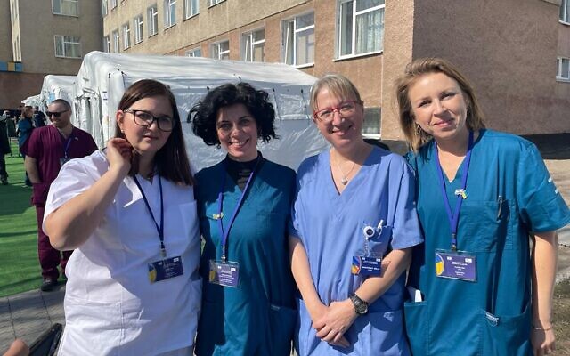 Medical staff at Israel's state field hospital in Mostyska, Ukraine, which opened on March 22, 2022. (Carrie Keller-Lynn/The Times of Israel)