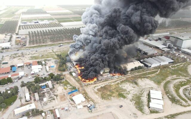 A large fire is seen burning at a warehouse in the Jordan Valley, March 29, 2022. (Israel Fire and Rescue Services)