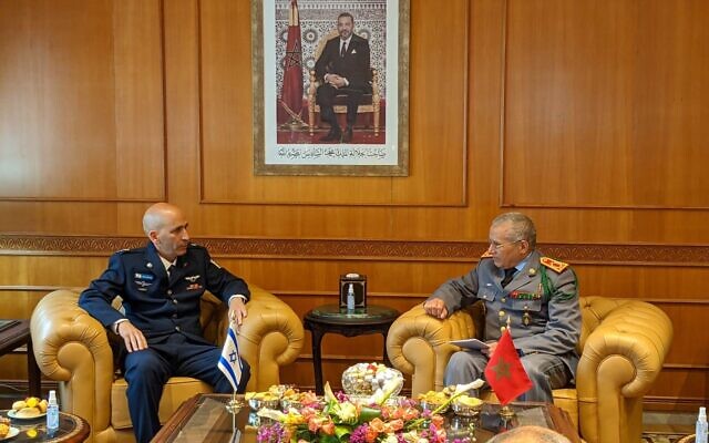Tal Kelman, left, head of the Strategic Division of the IDF Planning Directorate, meets with Belkhir El Farouk, Inspector General of the Royal Moroccan Armed Forces in Rabat, March 2022. (Israel Defense Forces)