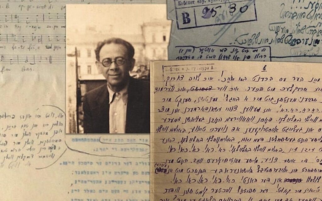 Moyshe Beregovsky is seen with various documents and sheet music collected in his vast archive of Yiddish folk and klezmer songs. (Courtesy Jewish Music Forum/via JTA)