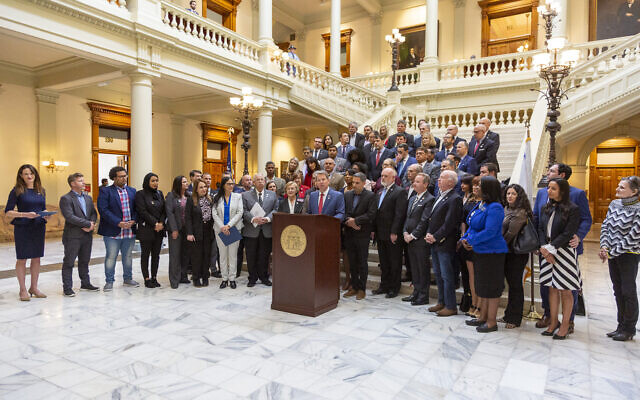 Georgia Governor Brian Kemp speaks at the launch of the Georgia-Israel Legislative Caucus at the Georgia State Capitol on March 24, 2022. (Israeli Consulate General to the US Southeast)