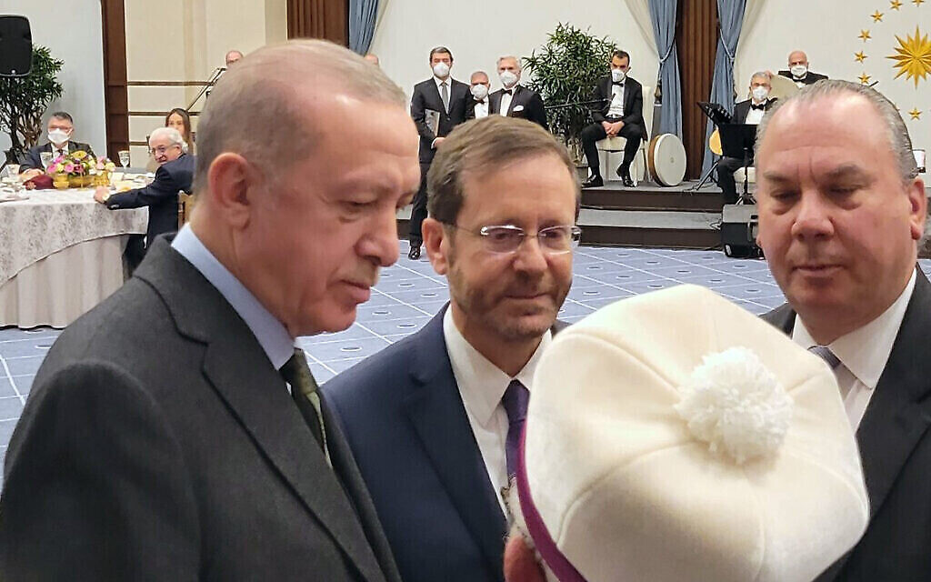 From left, Turkish President Recep Tayyip Erdogan, Israeli president Isaac Herzog and Rabbi Marc Schneier, at a reception in Ankara, Turkey, on March 9, 2022. (Courtesy: Marc Schneier)
