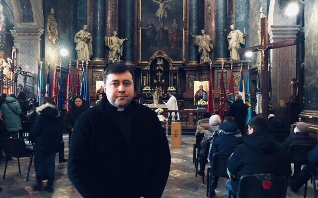 Father Taras Mikhalchuk, rector of Lviv's Garrison Church and chairman of the Ukrainian Greek Catholic Church's Center of Military Chaplaincy, at the church on March 6, 2022 (Lazar Berman/Times of Israel)