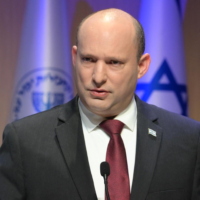 Prime Minister Naftali Bennett at the Mossad headquarters in Tel Aviv, March 1, 2022 (Amos Ben-Gershom/GPO)