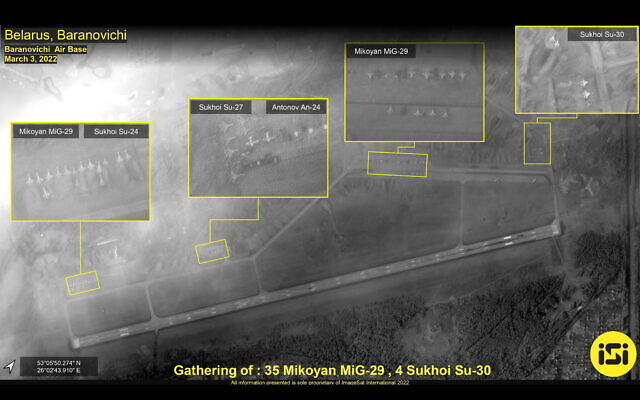 A satellite photo provided by ImageSat International (ISI) shows aircraft at bases near the Ukraine border, on March 3, 2022. (Courtesy of ISI)