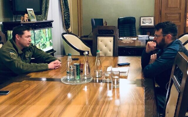 Lviv Oblast governor Maksym Kozytskyy speaks with Times of Israel diplomatic correspondent Lazar Berman in his office in Lviv, March 3, 2022 (Lazar Berman/times of Israel)