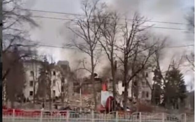 The bombed Mariupol theater in Ukraine on March 16, 2022. (Screen capture: @Mariupolnow)