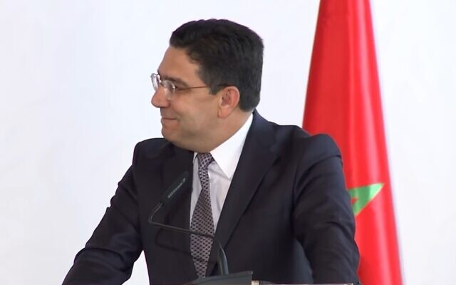 Morocco’s Foreign Minister Nasser Bourita gives a statement at Sde Boker at the Negev Summit, March 28, 2022 (Screen grab)