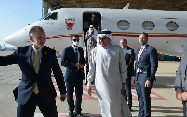 Bahraini Foreign Minister Abdullatif bin Rashid Al-Zayani arrives at Nevatim Air Base in southern Israel for the Negev Summit on March 27, 2022. (Rafi Ben Hakoun/GPO)