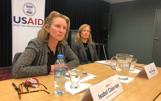 USAID deputy administrator Isobel Coleman speaks to reporters at the US Embassy in Jerusalem, on March 8, 2022. (Tal Schneider/The Times of Israel)