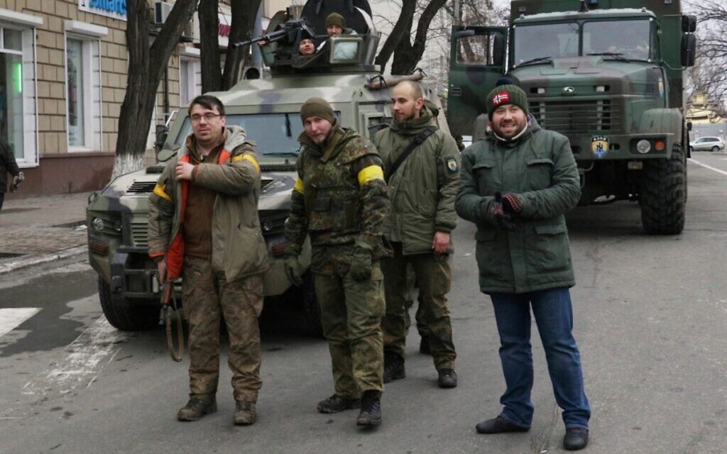 Konstantyn Batozsky, right, stands with fellow Ukrainians in Donetsk. (Courtesy of Batozsky)