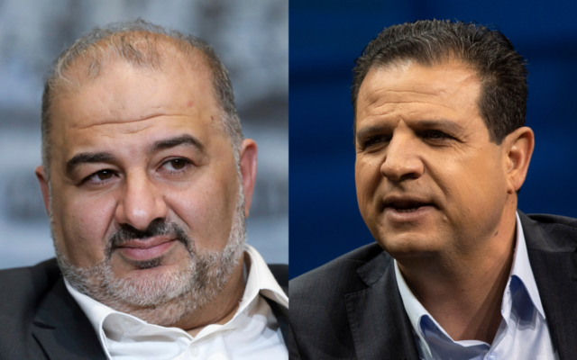 Leader of the United Arab List Mansour Abbas, left, at the president’s residence in Jerusalem, April 5, 2021; Leader of the Joint List party Ayman Odeh, right, gestures as he speaks during a conference in Jerusalem, March 7, 2021. (Abir Sultan/Pool Photo via AP, File; AP Photo/Sebastian Scheiner)
