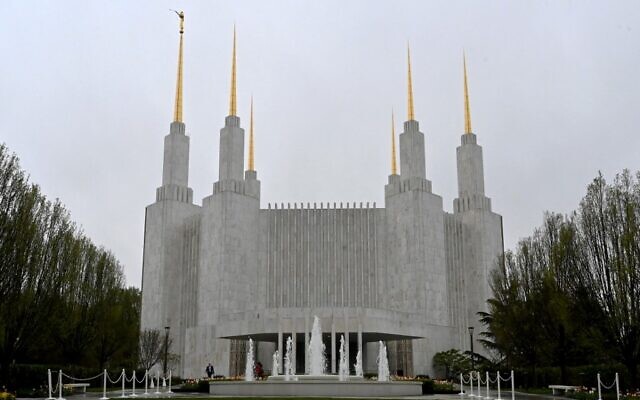 View of the temple of the Church of Jesus Christ of Latter-Day Saints with its six spires in Kensington, Maryland, near Washington, DC, on April 18, 2022. (Eva Hambach/AFP)