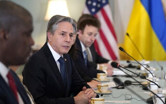 US Secretary of State Antony Blinken speaks during his meeting with Prime Minister of Ukraine Denys Shmyhal at the State Department in Washington, DC, on April 22, 2022. (Susan Walsh/Pool/AFP)