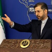 Iran's Foreign Ministry spokesman Saeed Khatibzadeh speaks to the media during a press conference in Tehran, on April 25, 2022. (Atta Kenare/AFP)
