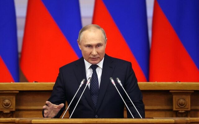 Russian President Vladimir Putin gives a speech at a meeting of advisory council of the Russian parliament in Saint Petersburg on April 27, 2022. (Alexandr Demyanchuk/Sputnik/AFP)